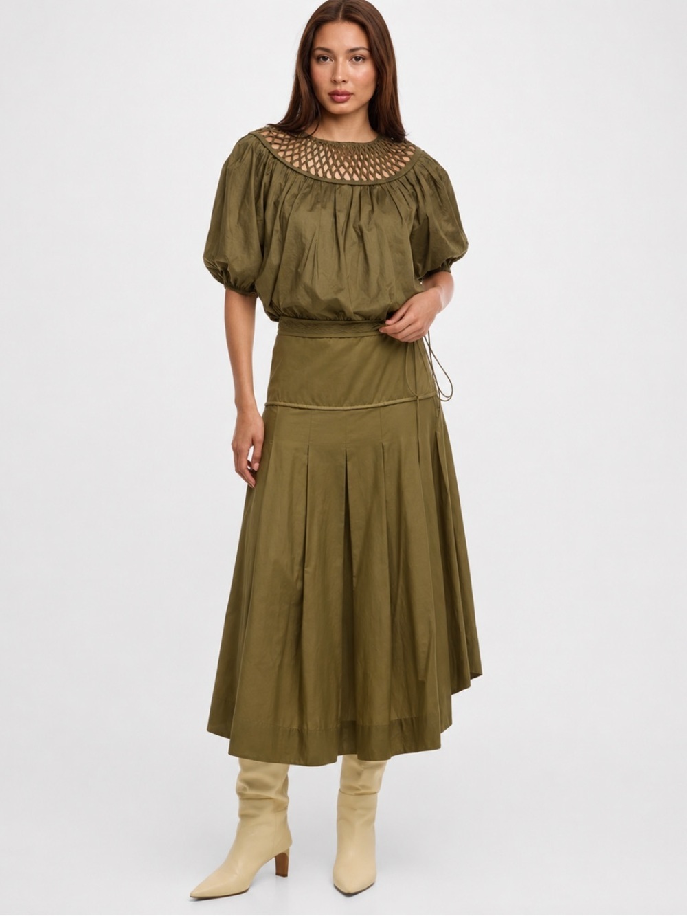 Merlette Set Bonnier Blouse and Lynnton Pleated Midi Skirt Olive Green Size 8/M